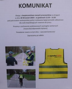 Plakat-komunikat informujący o planowanej akcji nieodpłatnego przekazywania kamizelek odblaskowych.