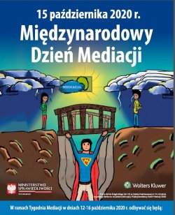 Plakat promujący akcję. Plakat przedstawia postać stylizowaną na superbohatera, który stoi w głębokiej rozpadlinie i na uniesionych do góry rękach trzyma most łączący dwie zwaśnione strony konfliktu.