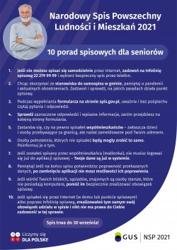 Plakat Spisu z zawartymi 10 poradami dla seniorów. Porady dotyczą bezpieczeństwa osób starszych podczas Narodowego Spisu Powszechnego.