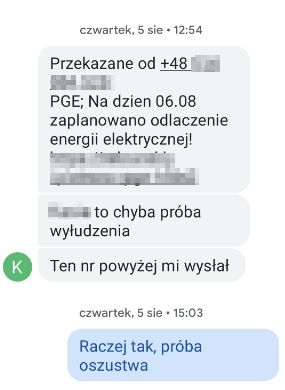 Screen wiadomości sms dotyczącej oszustwa na odłączenie energii