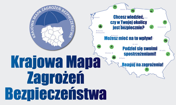 Plakat akcji przedstawiający mapę Polski z wpisaną nazwą Krajowa Mapa Zagrożeń Bezpieczeństwa.
