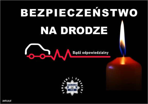 Ciemne tło. Forma plakatu profilaktycznego - kontur samochodu na wykresie EKG i napis &quot;Bądź odpowiedzialny&quot;. Napis główny BEZPIECZEŃSTWO NA DRODZE.